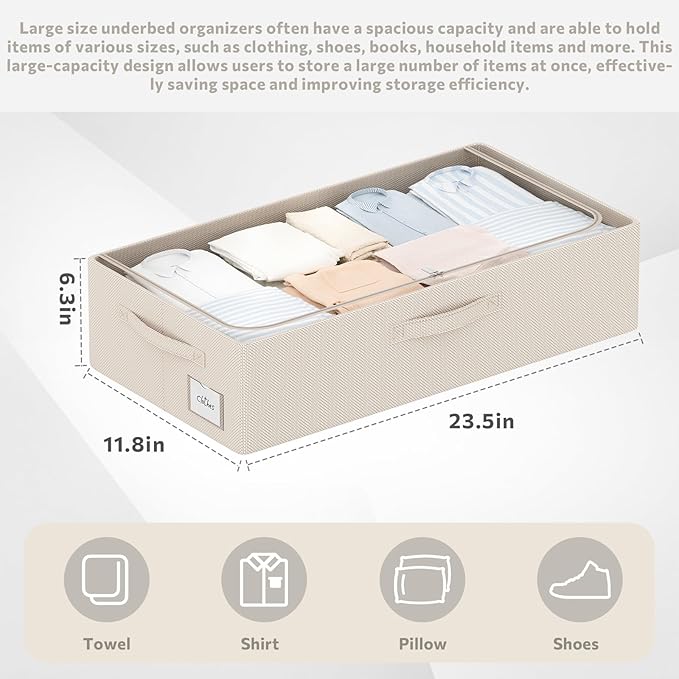 3Pcs Under Bed Storage Bins with Metal Frame - Shoe Organizer for Closet with Clear Cover Oxford Fabric Sturdy Underbed Container Foldable Stackable Clothes Organizer (Beige, 23.5x11.8x6.3)-NeatNest