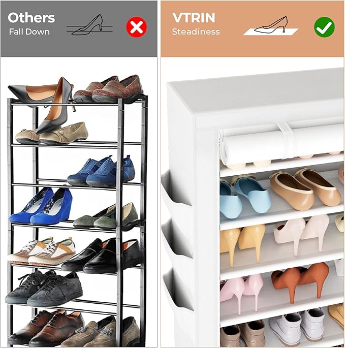 VTRIN Vertical Narrow Shoe Rack Organizer Tall Shoe Rack for Closet Entryway 10 Tier Non-Woven Cover Shoe Shelf Holds 36-41 Pairs Free Standing Shoe Storage Cabinet with Dustproof Cover, White-NeatNest