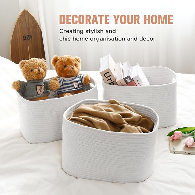 Cotton Rope Storage Basket, 15x10x9 Inches, Woven Basket for Shelves, Clothes, Toys, Towels, Books, and Laundry, Durable and Stylish, White (1 Pack)-NeatNest