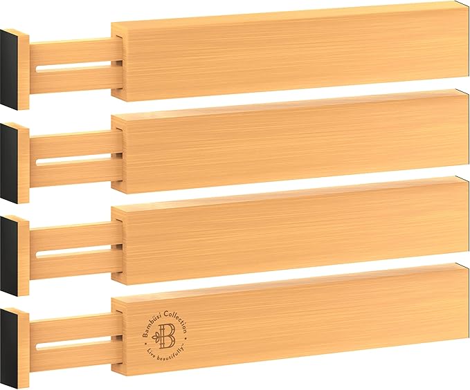 4 Pack Drawer Dividers Bamboo 2.6" High, 16-22" Adjustable Drawer Organizers for Clothes, Expandable Dresser Separators in Bedroom/Bathroom/Kitchen/Office Organization and Storage (Natural)-NeatNest