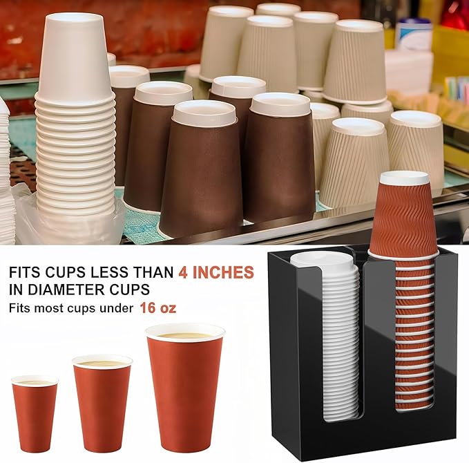 MYITYARD Coffee Cup Holder, Cup and Lid Organizer fits 5 to 16 oz Disposable Paper & Plastic Cups, Cup Dispenser Countertop, Coffee Bar Accessories for Bathroom, Kitchen, Office (2 Compartment)