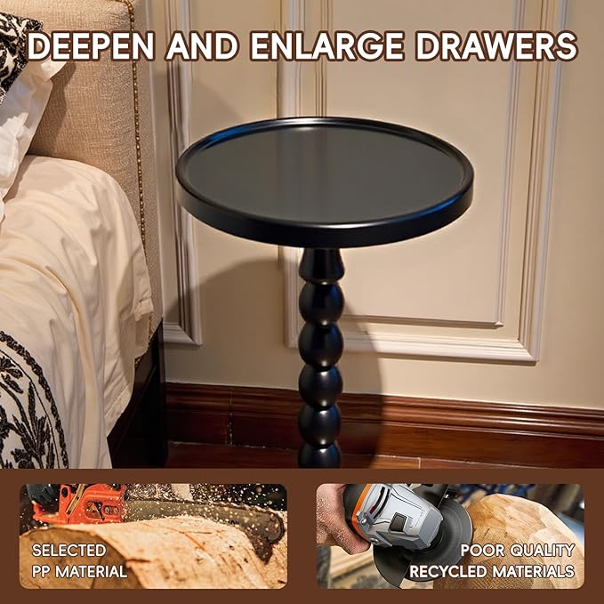 Small Accent Wood End Table, 12inch Round Bedside Table, Natural Side Table Nightstand for Family, Bedroom, Living Room, Handcrafted Finish, Black