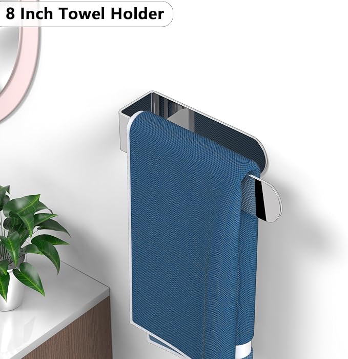 HUFEEOH Adhesive Hand Towel Holder, 8 Inch Sticky Towel Bar and 14 Inch Towel Holder Wall Mounted, Stainless Steel Kitchen Towel Holder Hand Towel Rack for Bahtroom Hotel RV (Polished Silver-8"&14”)