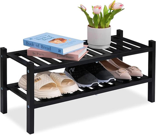 Black Acacia Wood 2-Tier Folding Shoe Rack – Space-Saving Wooden Shoe Organizer Shelf for Entryway, Hallway, Mudroom, or Closet – Compact Indoor Storage for Footwear & More-NeatNest