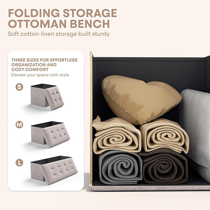 Ottoman Folding Storage Bench, 15x15x15 Inch, Foot Rest Stool for Living Room, Bedroom, Entryway, End of Bed - Multi-Functional Ottoman with Storage Light Brown