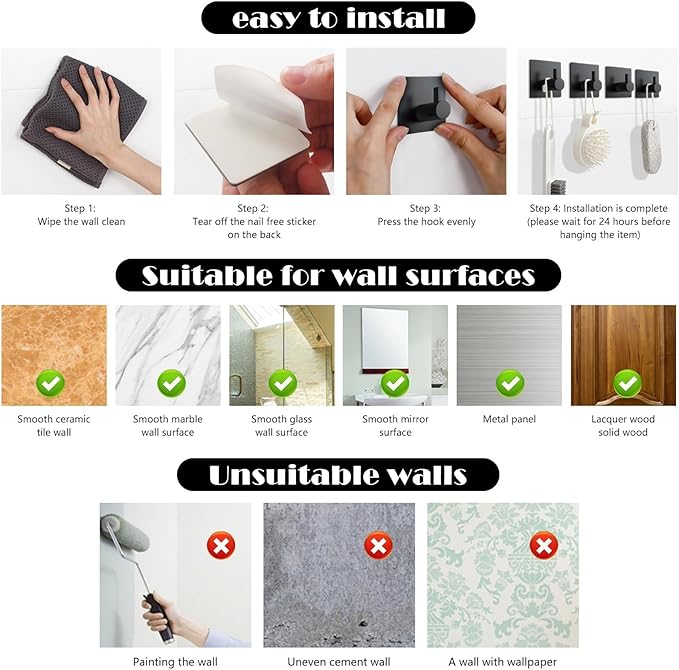 Adhesive Towel Hooks for Hanging - Self Adhesive Damage Free Towel Rack, Waterproof Shower Hooks, Heavy Duty Stick on Stainless Hook for Bathrooms, Kitchens, and Offices (Black,4 Pcs)