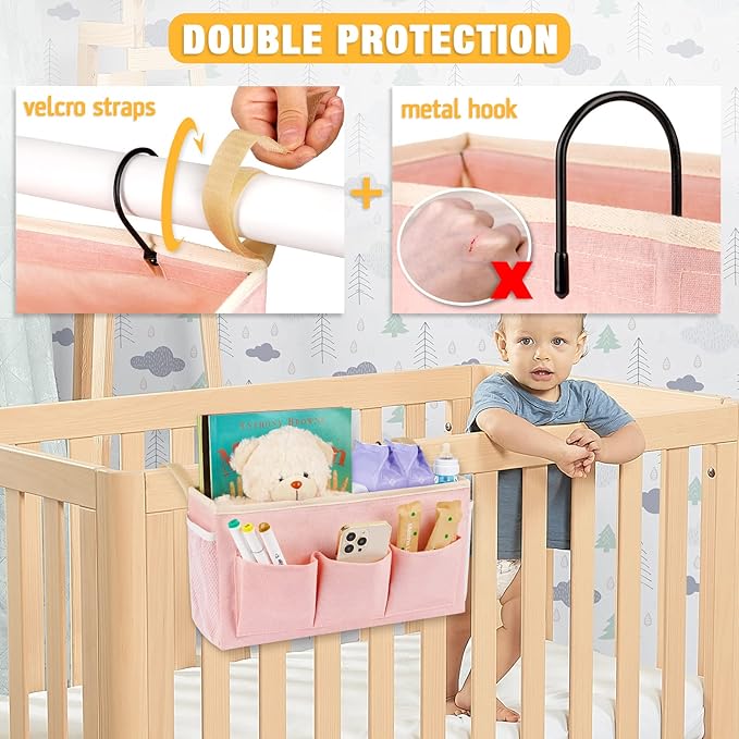Bedside Caddy Bedside Organizer Bedside Storage Caddy with Fixed Straps and Water Bottle Holder for Home College Dorm Bunk Bed Hospital Bed Crib Bed Rails (2pcs Pink)-NeatNest