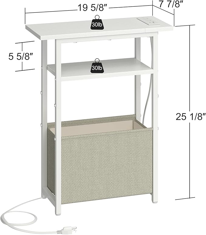 Narrow Side Table with Charging Station, LED End Table Set of 2 for Small Spaces, Skinny Nightstands Set 2 with Storage Basket, 3 Tier Sofa Bedside Tables for Living Room,Bedroom, White