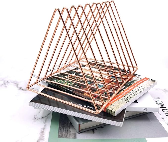 EASEPRES 9 Slot Magazine Rack Book Record Holder, Desktop Iron Storage Rack Bookshelf Multifunction Triangle File Organizer Sorter for Decor Home Office, Rose Gold Pack of 2