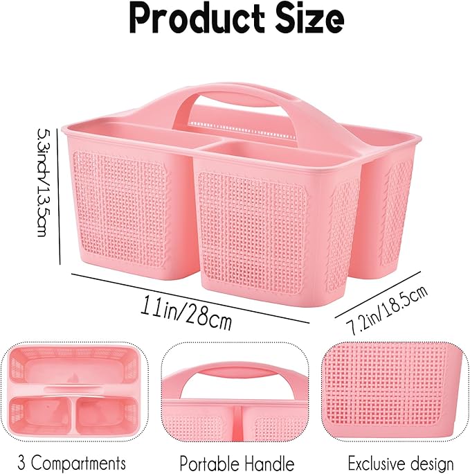 Plastic Pink Shower Caddy Basket, Divided Cleaning Portable Shower Basket with Handle Compartments Storage Organizer for Bathroom, College, Kitchen, Dorm Room Essentials