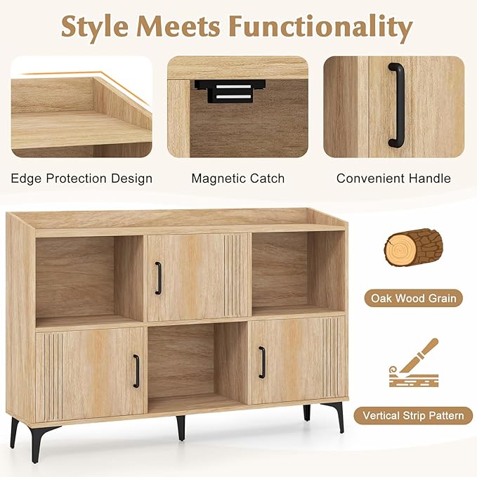 Giantex Storage Cabinet, Sideboard with 3 Doors, 3 Open Compartments, Bookcase with 5 Raised Metal Legs, Buffet Table, Bookshelf, Floor Cabinet for Living Room Display, Dining Room, Entryway, Oak