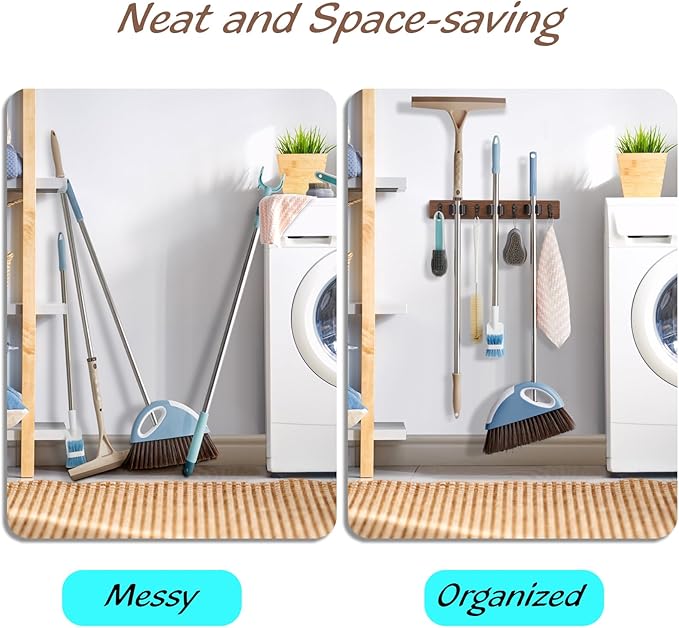 2 Pack Mop Broom Holder Wall Mount with 3 Slots & 4 Hooks - Rustic Wood Broom Mop Hanger for Pantry Kitchen Organization - Garden Tool Organizer for Closet Laundry Room-NeatNest