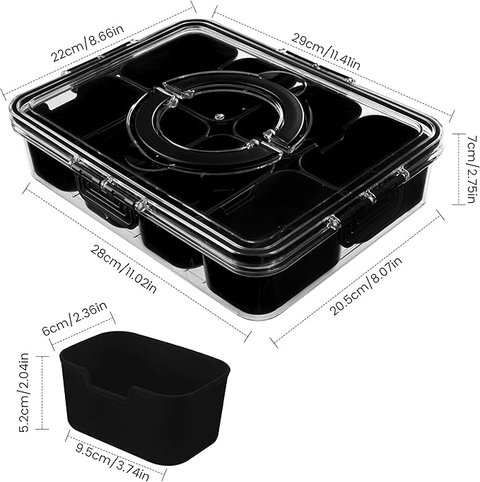 Divided Serving Tray with Lid and Handle - Snackle Box Charcuterie Container for Portable Snack Platters Organizer for Candy, Fruits, Nuts, Snacks - Perfect for Party, Entertaining, Black-NeatNest