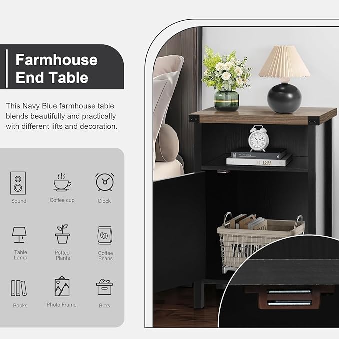 Farmhouse End Table, Nightstand, End Tables with Barn Door and Shelf, Wooden Sofa Side Table, Modern Bed Side Table Rustic Nightstands Set of 2, Bedroom, Living Room, Black