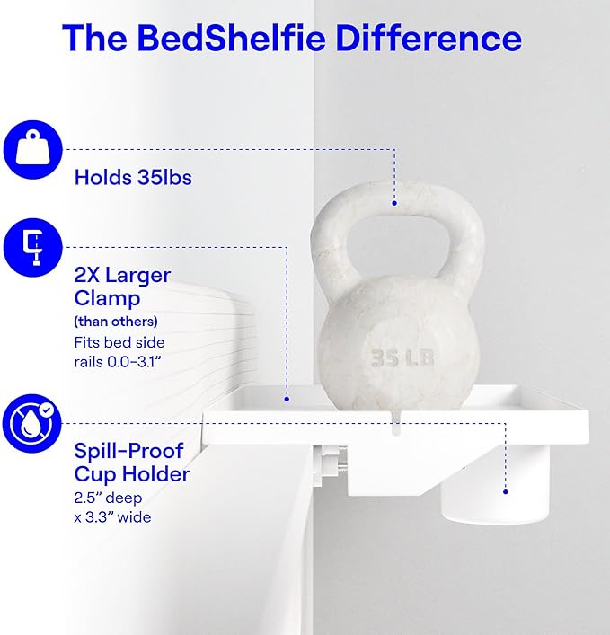 BedShelfie Bedside Shelf for Bunk Bed & Top Bunk, College Dorm Room Essentials, Clip On Nightstand, Bed Side Table Tray Organizer - Cup Holder, White-NeatNest