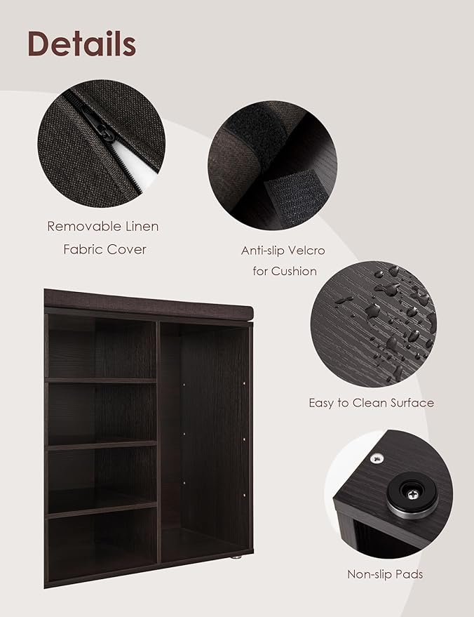 DINZI LVJ Shoe Storage Bench with Cushion, 16-Cubby Shoe Rack, Adjustable Shelves, Multifunctional Shoe Organizer Bench for Entryway, Mudroom, Hallway, Living Room, Bedroom and Garage, Espresso-NeatNest