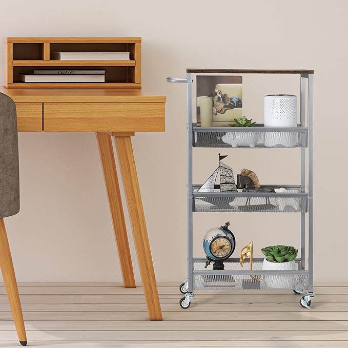 NANANARDOSO 4 Tier Slim Rolling Cart, Narrow Cart with Wood Top and Metal Handle, Kitchen Slim Storage Cart for Narrow Space on Kitchen, Bathroom, Silver.