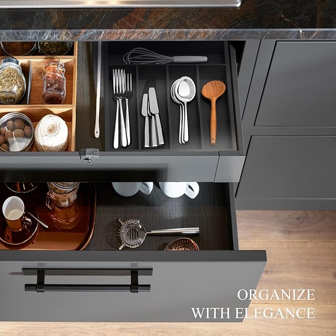 Bamboo Silverware Organizer, Kitchen Drawer Organizer, Utensil Holder, Cutlery Tray & Spoon Flatware Storage with Grooved Drawer Dividers ((5 Slots, Black)-NeatNest