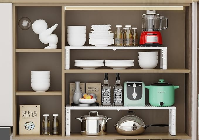 Expandable Cabinet Shelf Organizer Storage Spice Rack Shelves for Kitchen Stackable Adjustable Pantry Cupboard Bathroom Countertop Desktop(2Packs/White/Large-with Hole)-NeatNest