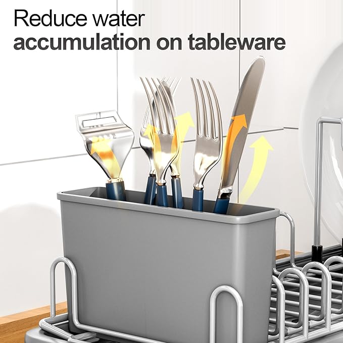 Compact Dish Drying Rack with Utensil Holder – Small Countertop Dish Drainer with 360° Rotating Drain Spout, Stainless Steel Dish Rack for Kitchen Sink, Space-Saving Design for Small Kitchen , Grey-NeatNest