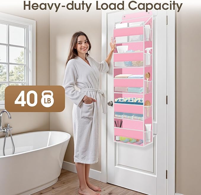 2 Pack Over The Door Organizer Hanging Storage Organizers with Clear Window 40lb Large Capacity Room Organizer for Pantry Laundry Bathroom Nursery Closet(Pink)-NeatNest