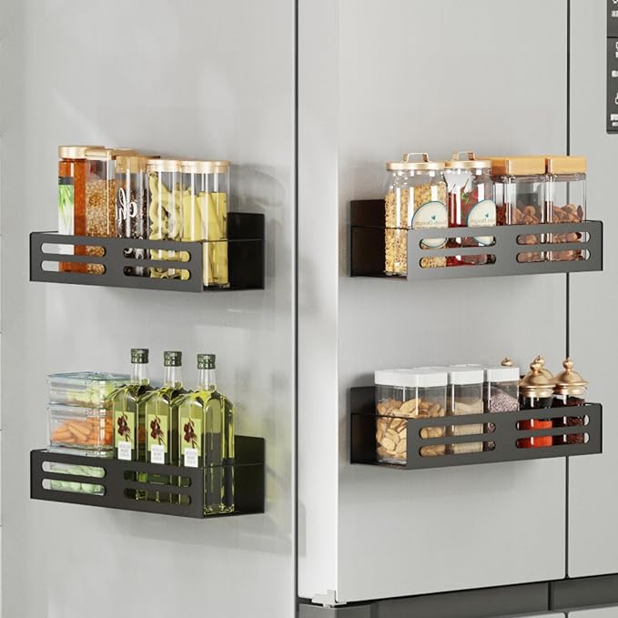 Magnetic Spice Rack for Refrigerator Magnetic Fridge Shelf for Kitchen Magnetic Shelves for Fridge 4 Pack Black