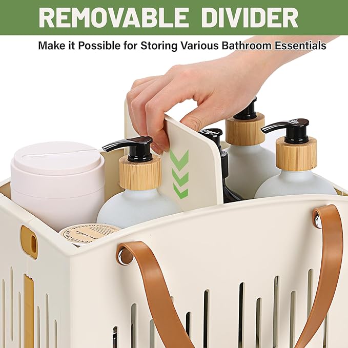 Portable Shower Caddy Collapsible Plastic Shower Basket Tote with Handles Removable Divider, Cleaning Caddy Storage Organizer for Bathroom College Dorm (White)