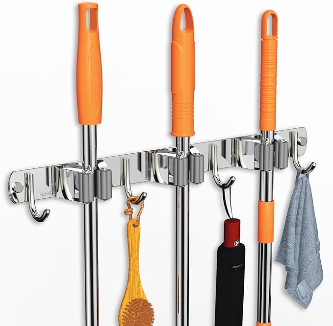 Mop and Broom Holder Wall Mount, Upgraded Broom Organizer Wall Mount, Stainless Steel Broom Hanger Wall Mount for Home Kitchen Garden Laundry Garage (3 Racks with 4 Hooks)-NeatNest