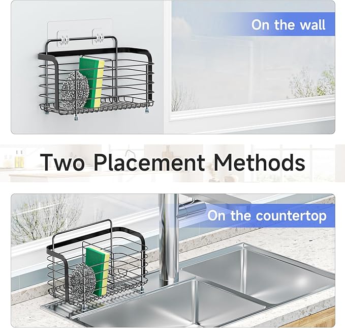 Black Kitchen Sink Caddy Organzier, Sponge Holder for Kitchen Sink, Metal High Brush Holder, Dish Sponge Holder Basket for Sponges, Scrubbers, Dish Soap Bottles Wall Mounted/Countertop-NeatNest