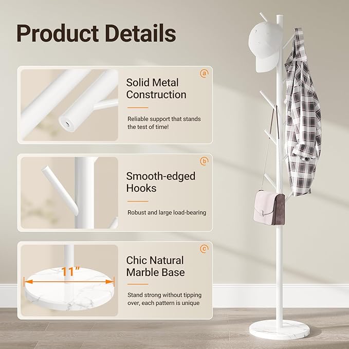 ELYKEN Coat Rack Freestanding with Natural Marble Base, Metal Coat Rack Stand with 10 Hooks, 3 Adjustable Size Coat Tree for Bags, Clothes, and Hats for Entryway, Bedroom, Hallway, Office, White-NeatNest