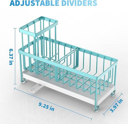 Cisily Turquoise Sponge Holder for Kitchen Sink, Sink Caddy Organizer with High Brush Holder, Kitchen Countertop Organizers and Storage Essentials, Rustproof 304 Stainless Steel, Soap Dispenser-NeatNest