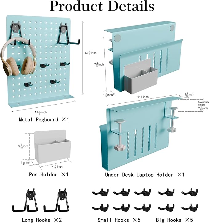 Desk Side Storage with Clamp-On Desk Pegboard, Steel Privacy Panel, No-Drill Desk Organizer with Pen Holder, Table-Side Laptop Holder for Office and Home (Blue)-NeatNest