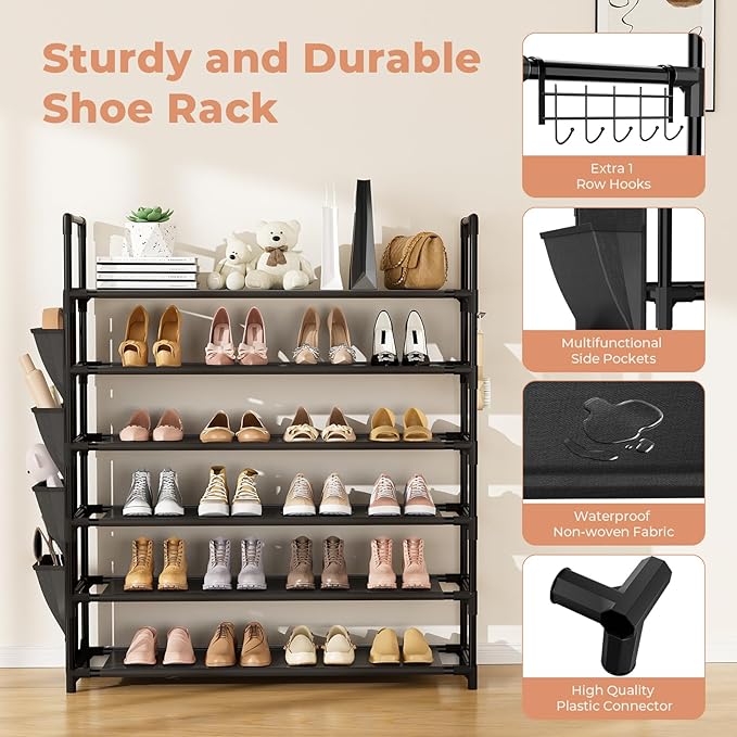6 Tier Shoe Rack, Shoe Organizer Storage for 24-30 Pairs Shoe and Boot, Long Shoe Shelf with Hook and Side Pocket Free Standing Tall Shoe Rack Organizer for Closet, Entryway, Dorm-NeatNest