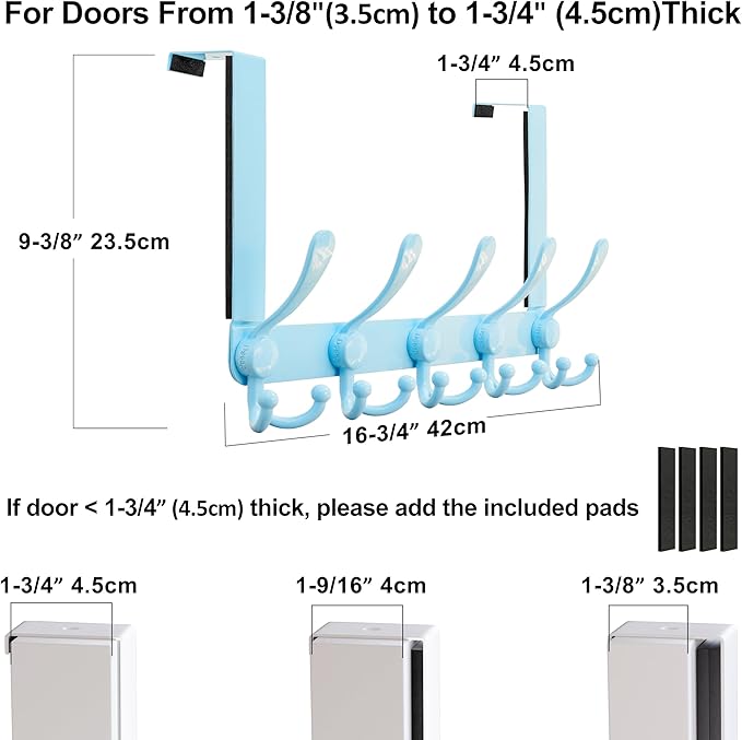 Dseap Over Door Hook 2.0 - Upgraded Version - Simple-Assembly, Strong, Heavy-Duty Stainless Steel 5-Tri-Hook Over The Door Hanger Rack, SimpleStrong Series, Blue