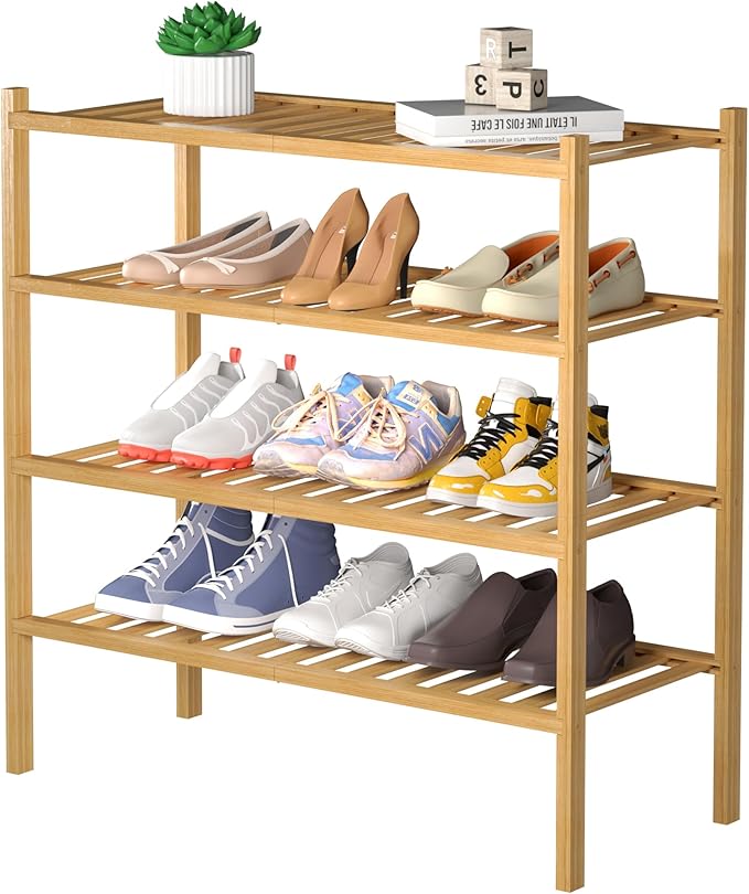 4 Tier Bamboo Shoe Rack for Closet Free Standing Wood Shoe Shelf for Entryway Small Space Stackable 27"x11"x26" (Natural)-NeatNest