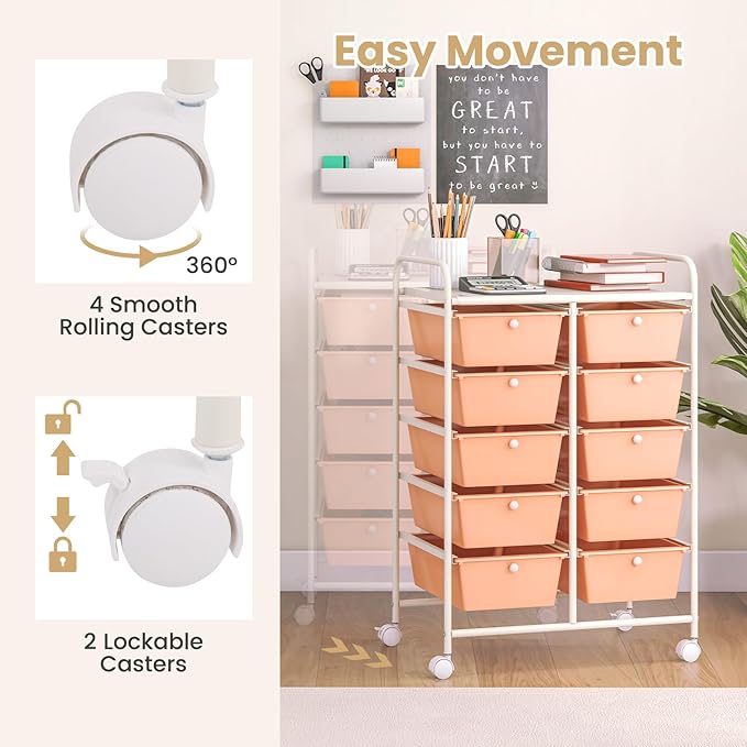 Moccha Rolling Cart with 10 Drawers - Under Desk Storage Drawers with wheels for Craft Art Supply Paper Salon, Under Desk Cabinet on Wheels, Multipurpose Movable Utility Cart for Classroom