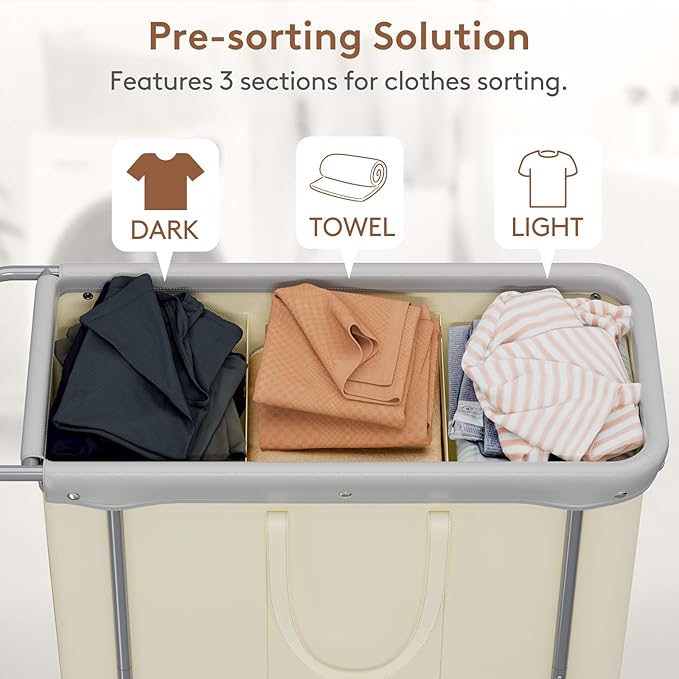 Lifewit 200L Large Laundry Basket with Wheels, Tall 3 Section Laundry Hamper Organizer, Rolling Laundry Cart with Steel Frame & Removable Bag for Luandry Room Bathroom Bedroom, White