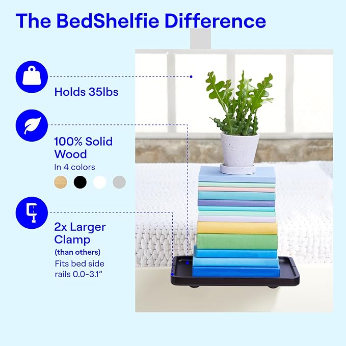 BedShelfie Bedside Shelf for Bunk Bed & Top Bunk, College Dorm Room Essentials, Loft Nightstand, Floating Bed Side Table Tray Storage, Dorm Room Decor, College Dorm Essentials - Minimalist Black Wood-NeatNest