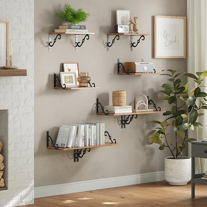 DINZI LVJ Deep Floating Shelves, 16" W x 12" D Wall Shelves Set of 2, Wide Display Shelf Wall Mounted with Brackets, Easy-to-Install Wall Bookshelf for Living Room, Bathroom, Bedroom, Rustic Brown-NeatNest