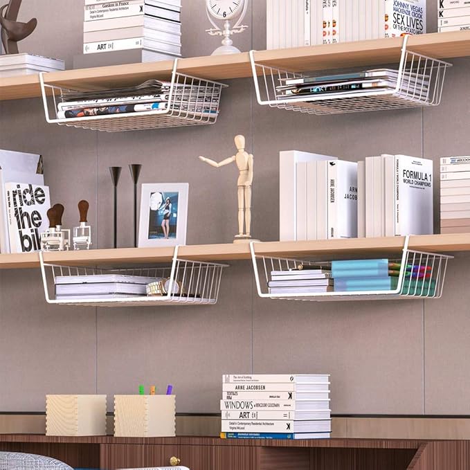 Under Shelf Wire Storage Baskets – Hanging Organizer Rack for Cabinet, Pantry, or Closet – White Metal Basket for Kitchen, Towels, or Office – No Tools Required (Set of 2 19")-NeatNest
