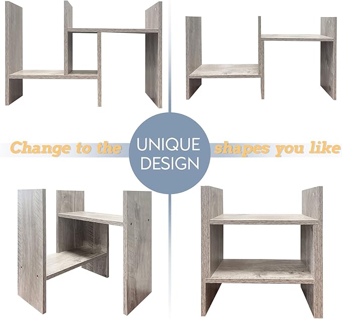 Desktop Bookshelf Vintage Desktop Organizer MDF Wood Desk Storage Shelf Counter Office Storage Rack Top Bookcase Display Books Office Supplies Light Grey Oak Bookshelf for Desktop-NeatNest