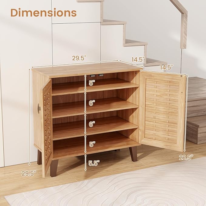 Giantex Shoe Cabinet with Doors, 4-Tier Farmhouse Shoe Rack Cabinet with 3 Adjustable Shelves, Freestanding Wood Shoe Storage Cabinet for Entryway, Closet, Hallway, Living Room-NeatNest