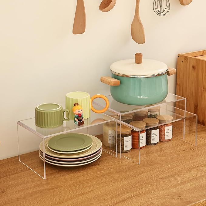3 Pieces Clear Cabinet Organizer, 5mm Acrylic Kitchen Shelves Organizer Spice Rack Clear Display Shelves, Room Decor Pantry Countertop Desk Organizer Shelves-NeatNest