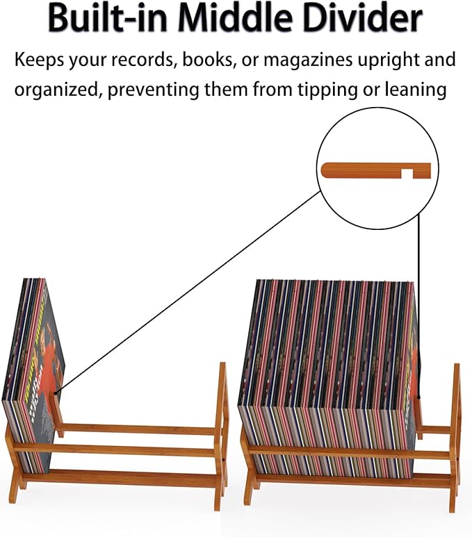 Bamboo Vinyl Record Holder Stand, Magazine Holders Desktop Bookshelf Storage Rack With Divider, Holds up to 80-100 LPs, Classical Design Organizer Rack for Files Book Notebook Magazine Vinyl Record-NeatNest