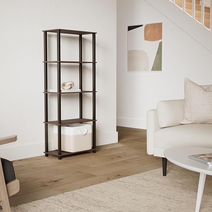 Furinno Turn-N-Tube 5-Tier Multipurpose Shelf / Display Rack / Storage Shelf / Bookshelf, Square Tubes, Walnut/Brown-NeatNest