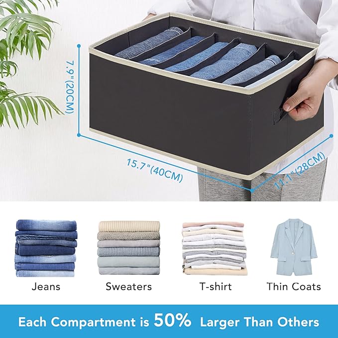 3 Pcs Large Size Wardrobe Clothes Organizers 6 Grids for Pants, Jeans, Sweater, T-shirt, Dress Stackable Closet Drawer Organizer Storage Bin Container with Sturdy Handles, Black-NeatNest