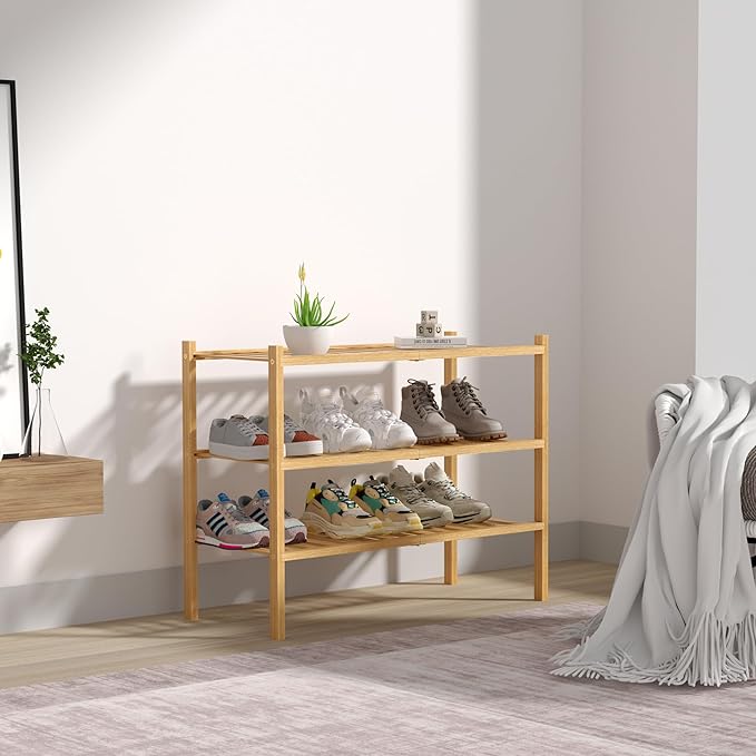 3 Tier Bamboo Shoe Rack for Closet Free Standing Wood Shoe Shelf Storage Organizer for Entryway Small Space Stackable 27"x11"x20" (Natural)-NeatNest