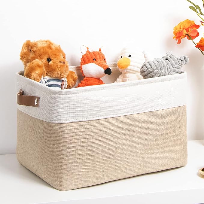 DULLEMELO Collapsible Rectangle Fabric Storage Basket for Organizing Clothes, Toys, Towels, Books, Laundry, Nursery, Dog Toys (White & Khaki)-NeatNest