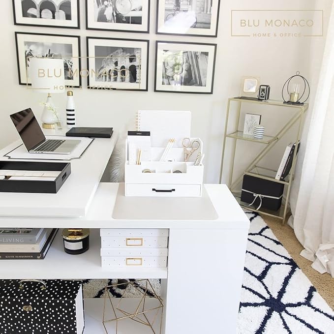 BLU MONACO White Wooden Desk Organizer with Drawer – Office Desk Caddy for Supplies and Accessories – Stylish Desktop Storage for Women-NeatNest