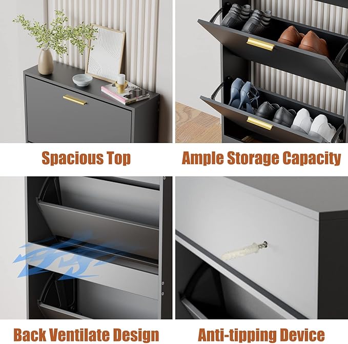 JOZZBY Shoe Cabinet Storage with 3 Flip Drawers for Entryway, Black Slim Freestanding Modern Narrow Shoe Organizer Rack Cabinet for Hallway, Living Room-NeatNest